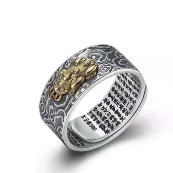 Amulet Pixiu Cincin Feng Shui Cina Membawa Kekayaan Perhiasan Keberuntungan Cincin Dapat Disesuaikan Terbuka Berlapis Perak untuk Hadiah Koleksi Wanita Pria