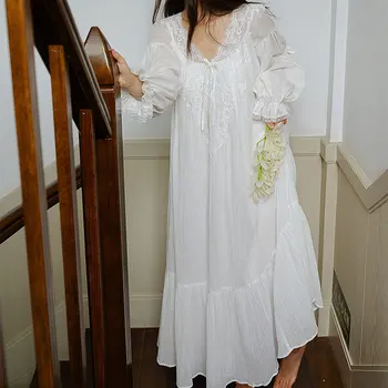 Baju Tidur Wanita Katun Unikiwi Gaun Renda Gaya Prancis Baju Tidur Putri Wanita Antik Piyama Baju Tidur Panjang Leher V Dewi