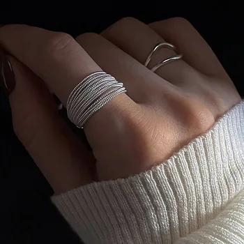 Cincin Garis Unik Perak Murni 925 untuk Wanita Perhiasan Halus Cincin Antik Terbuka Dapat Disesuaikan Jari untuk Hadiah Ulang Tahun Pesta