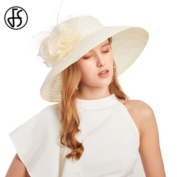 FS Topi Fascinator Renda Krem Musim Panas Topi Pesta Pinggiran Lebar untuk Wanita Topi Gaun Fedora Wanita Gereja Kentucky Pernikahan Elegan