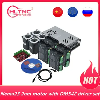 HLTNC 4 Sumbu NEMA23 57HS76 Kit Motor Stepper 2Nm + Driver DM542 + Papan Antarmuka Mach3 + Catu Daya 350W36V Untuk Mesin CNC