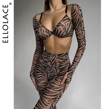 Pakaian Dalam Erotis Ellolace Zebra untuk Pakaian Ketat Crop Top Transparan Set Celana Dalam G-String Intim Mulus Renda Tipis Transparan