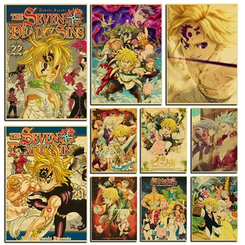 Poster Vintage Anime Klasik Tujuh Dosa Mematikan Lukisan Poster Kertas Kraft untuk Dekorasi Kamar Rumah Stiker Dinding