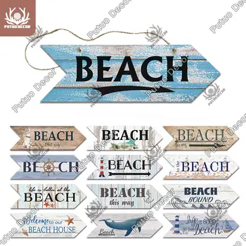 Putuo Dekorasi Panah Pantai Tanda Kayu Plakat Dinding Kayu Panduan Jalan Tepi Laut Pantai Indikator Dekorasi Dinding Tanda Gantung Tidak Beraturan