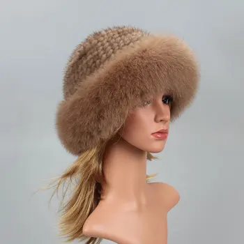 Topi Bulu Asli Musim Dingin untuk Topi Wanita Bulu Cerpelai Alami dengan Beanie Bulu Rubah Mewah Topi Ember Rajut Matahari Rusia Topi Mode